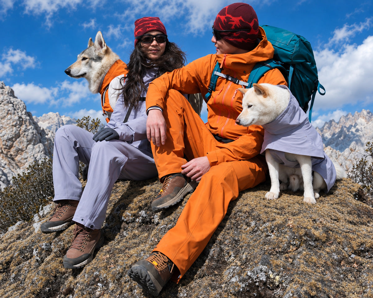 Two hikers and two dogs wearing DAQQAB outdoor gear on a mountain