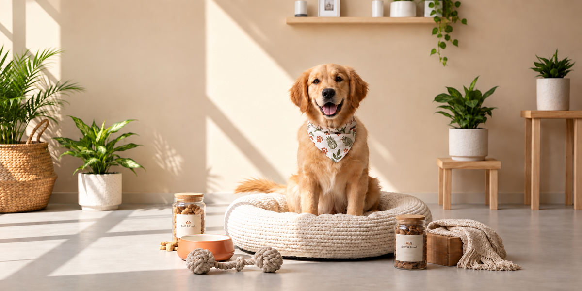 Golden retriever relaxing in a sunlit room with pet accessories