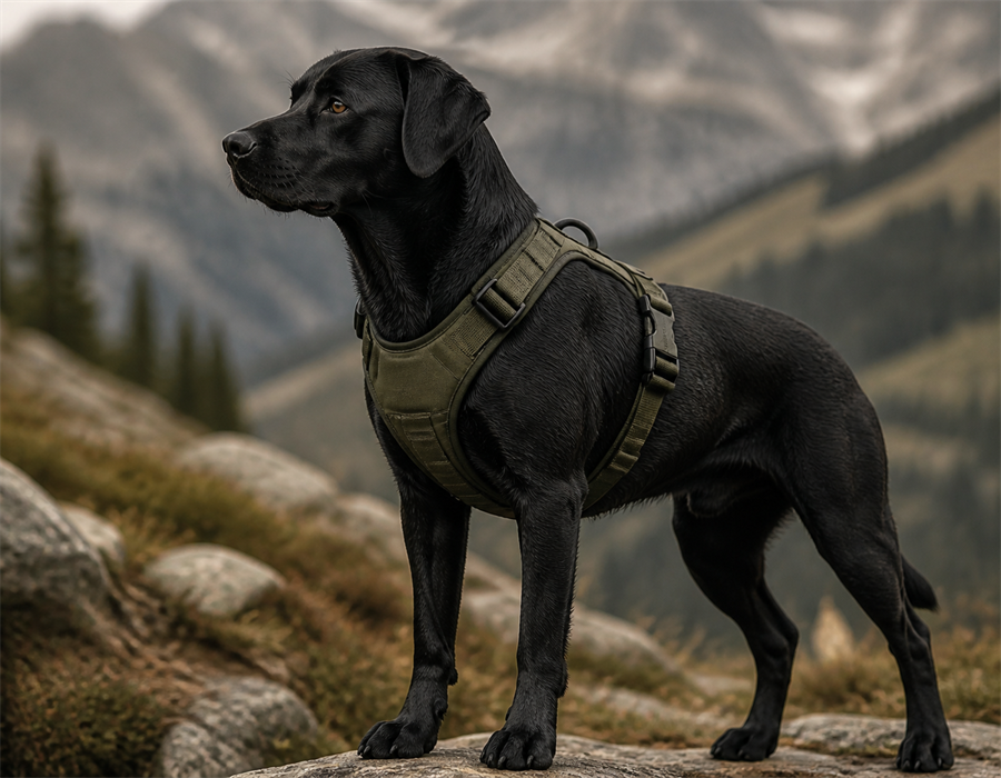 Black dog wearing an olive technical harness on a mountain trail