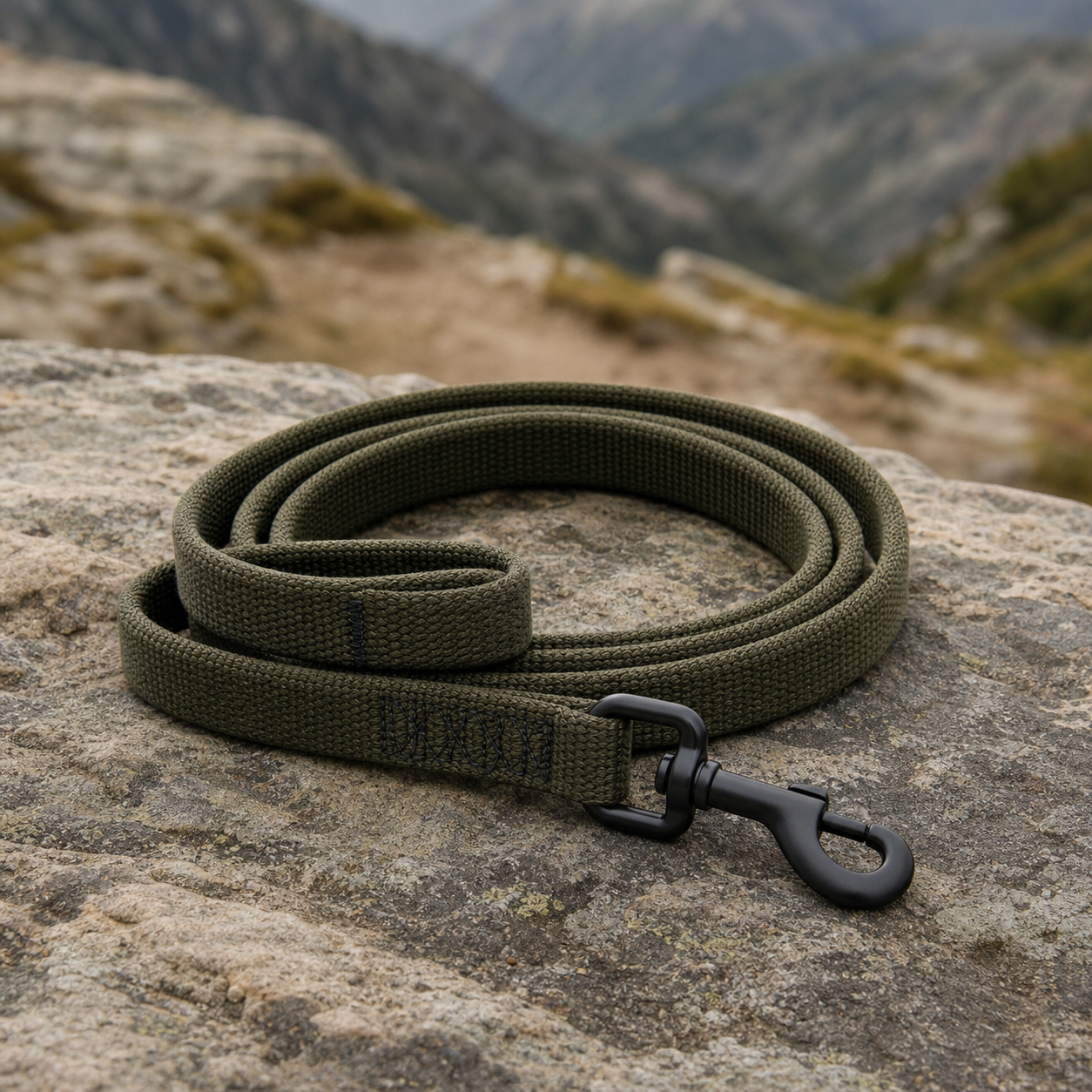 Olive technical dog leash on a mountain rock
